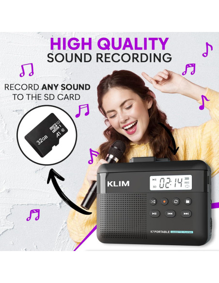 Reproductor de Casete KLIM K7 + Convertidor a MP3 + Tarjeta SD 32GB