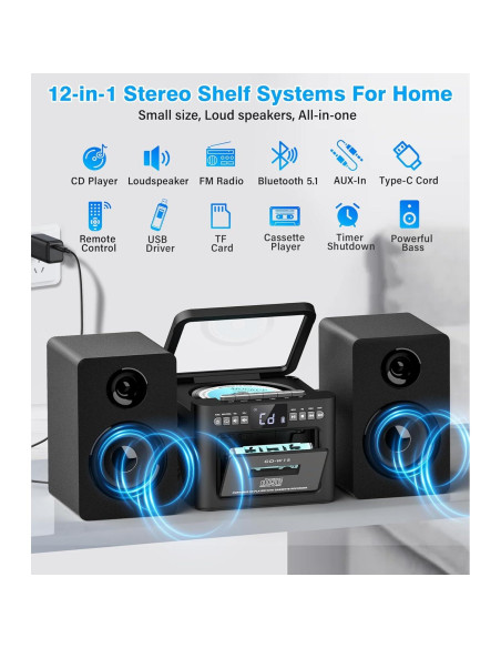 Sistema Estéreo Greadio 9-en-1 con Reproductor CD y Bluetooth 40W
