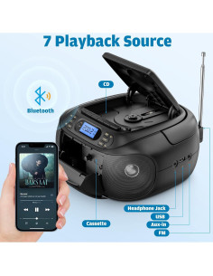 Boombox recargable Hernpark HSBB01 CD y casete Bluetooth 5.1 2