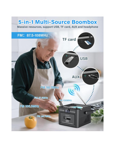 Greadio Boombox CD y Casete 9-en-1 Recargable 5000mAh