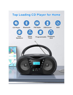 Greadio Boombox CD Portátil Bluetooth con Radio FM - Negro 2