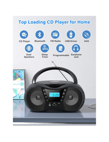 Greadio Boombox CD Portátil Bluetooth con Radio FM - Negro