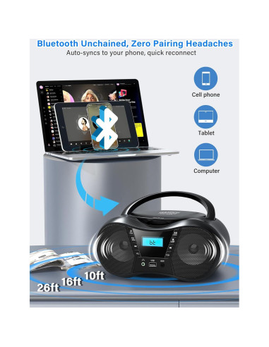 Greadio Boombox CD Portátil Bluetooth con Radio FM - Negro