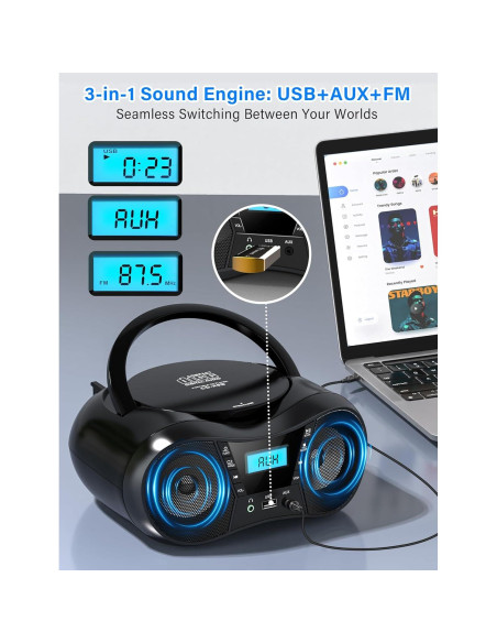 Greadio Boombox CD Portátil Bluetooth con Radio FM - Negro