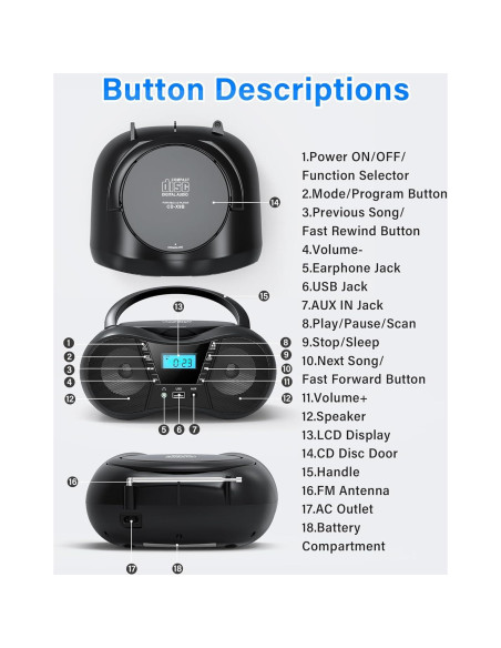 Greadio Boombox CD Portátil Bluetooth con Radio FM - Negro