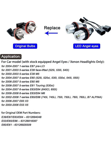 2 Bombillas LED Ojos de Ángel 5W Blancas para BMW E39 E60 E63