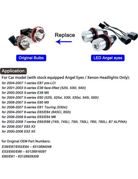 2 Bombillas LED Ojos de Ángel 5W Blancas para BMW E39 E60 E63