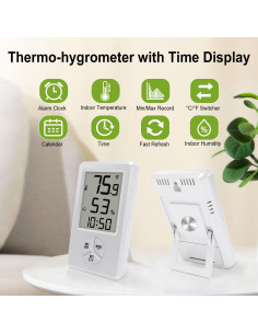 Higrómetro Digital Urageuxy con Termómetro y Reloj Despertador 2