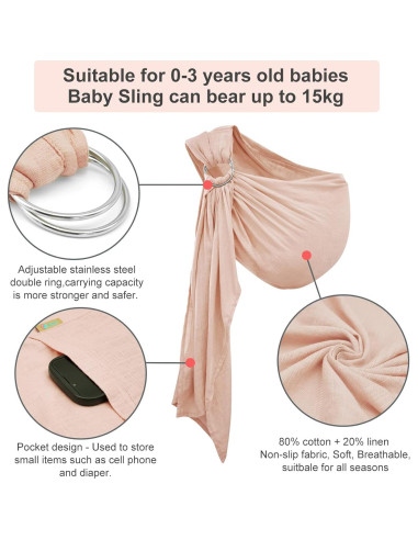 Portabebés de Anillo Doble Vrbabies Rosa Ajustable 192x60cm