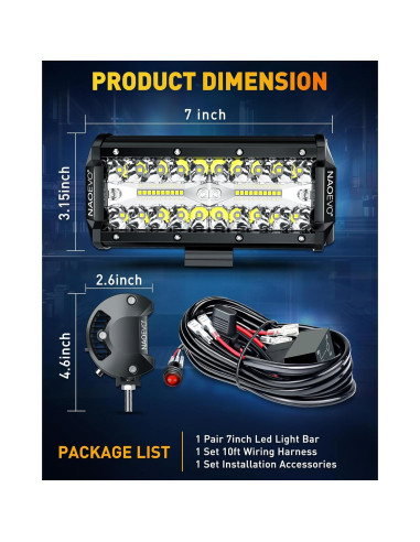 Barra de Luz LED NAOEVO 7" 240W 24000LM Blanca Off Road