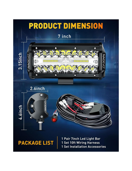 Barra de Luz LED NAOEVO 7" 240W 24000LM Blanca Off Road