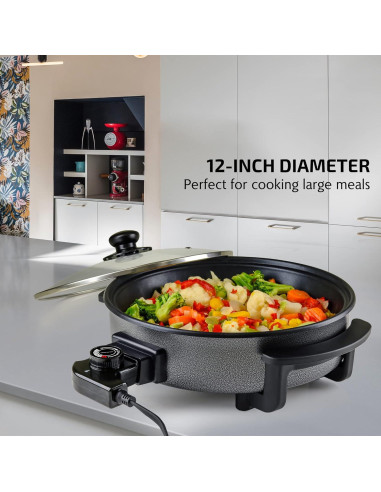 Sartén Eléctrica OVENTE 30 cm Antiadherente 1400W Tapa Vidrio