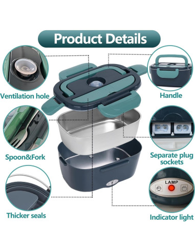 Caja de Almuerzo Eléctrica XSWPL 1.5L Verde Calentador 110/12V