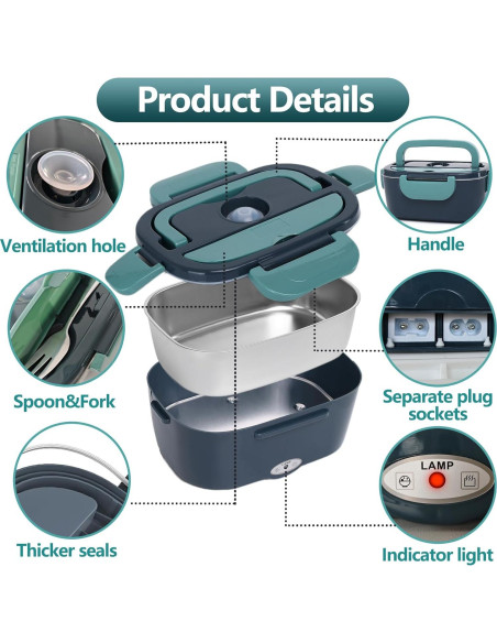 Caja de Almuerzo Eléctrica XSWPL 1.5L Verde Calentador 110/12V
