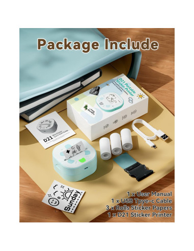 Impresora de Stickers D21 NDYIN Portátil Bluetooth con 3 Rollos