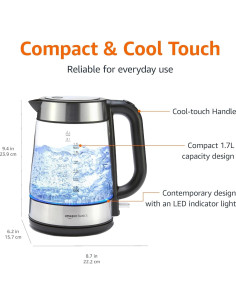 Hervidor Eléctrico Amazon Basics 1.7L Vidrio 1500W Apagado Automático 2