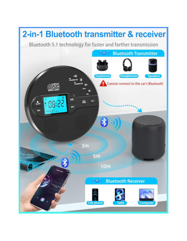 Reproductor de CD portátil Sunoony CD-35 con Bluetooth 5.1 y FM
