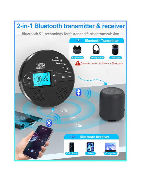 Reproductor de CD portátil Sunoony CD-35 con Bluetooth 5.1 y FM