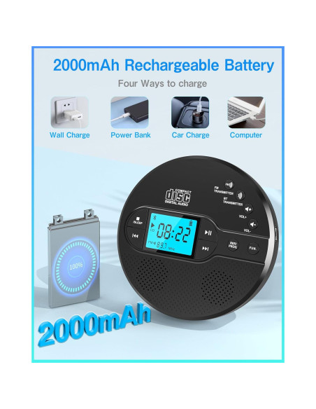 Reproductor de CD portátil Sunoony CD-35 con Bluetooth 5.1 y FM