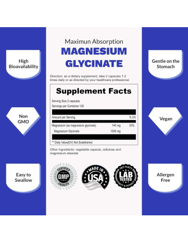 Cápsulas de Magnesio Glicinato UpNourish 500mg - 2 Botellas