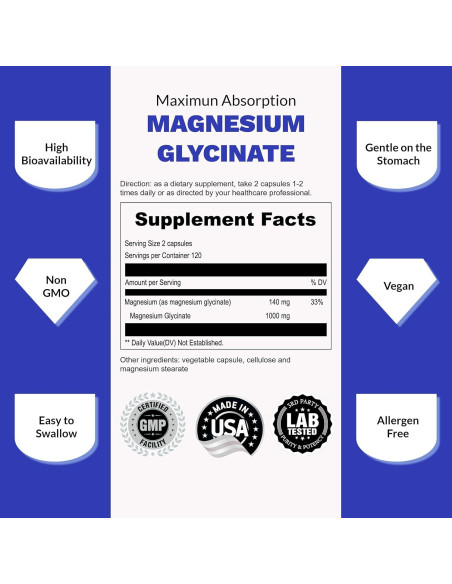 Cápsulas de Magnesio Glicinato UpNourish 500mg - 2 Botellas