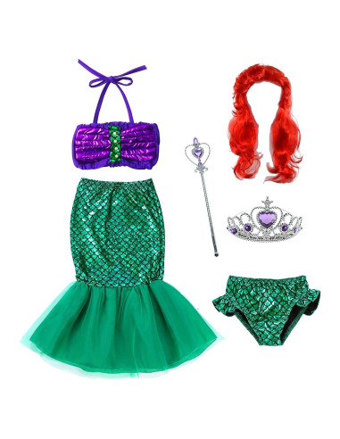 Disfraz de Sirena para Niñas 3-4 Años con Peluca y Tiara