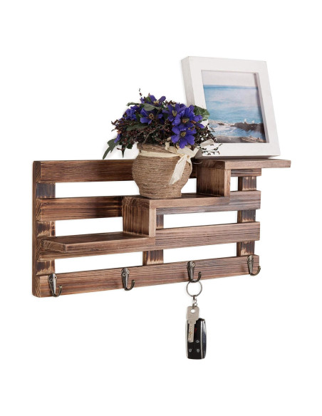 Estante de Entrada de Madera Quemada MyGift con 3 Estantes y 4 Ganchos