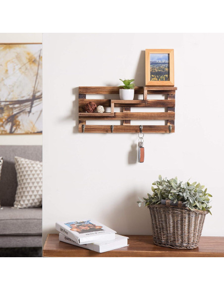Estante de Entrada de Madera Quemada MyGift con 3 Estantes y 4 Ganchos