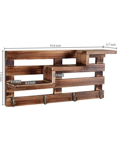 Estante de Entrada de Madera Quemada MyGift con 3 Estantes y 4 Ganchos
