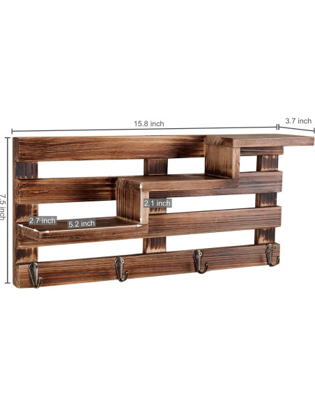Estante de Entrada de Madera Quemada MyGift con 3 Estantes y 4 Ganchos