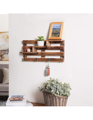Estante de Entrada de Madera Quemada MyGift con 3 Estantes y 4 Ganchos