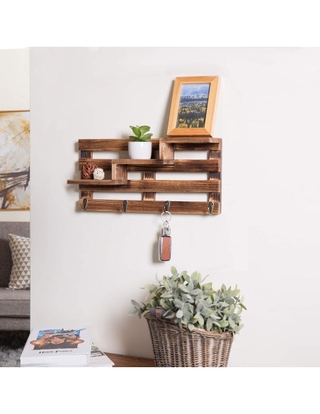 Estante de Entrada de Madera Quemada MyGift con 3 Estantes y 4 Ganchos