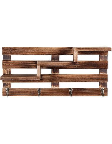 Estante de Entrada de Madera Quemada MyGift con 3 Estantes y 4 Ganchos