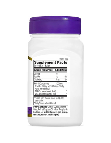 Aceite de Pescado Omega-3 21st Century 1000 mg 180 Cápsulas