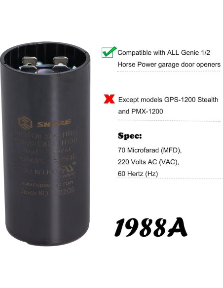 Capacitor de Arranque Wadoy 19988A 70 MFD 220V para Genie