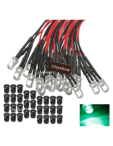 30 Piezas LED Verde 3mm Pre Cableado 12V + Soportes Plástico