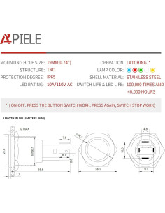 Interruptor de Botón de Presión APIELE 10A 19mm LED IP65 2