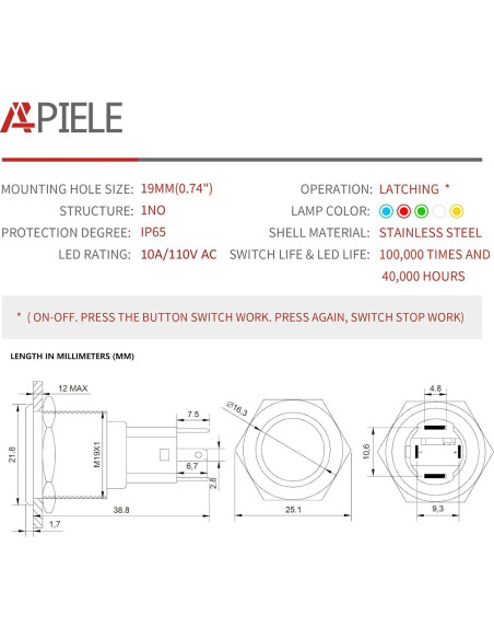 Interruptor de Botón de Presión APIELE 10A 19mm LED IP65
