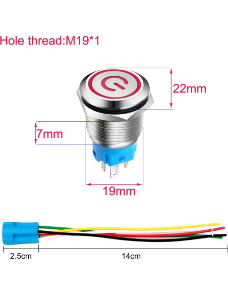 Interruptor Pulsador Acero Inoxidable 19mm LED Rojo Verde 12V-24V