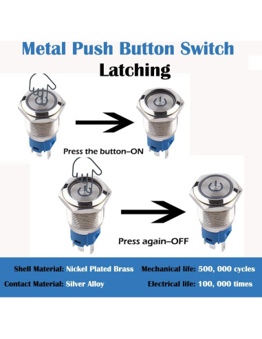 Interruptor de Botón de Presión Acero Inoxidable 16mm 12V-24V LED Rojo
