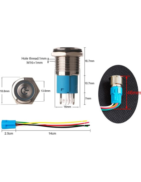 Interruptor de Botón de Presión Acero Inoxidable 16mm 12V-24V LED Rojo