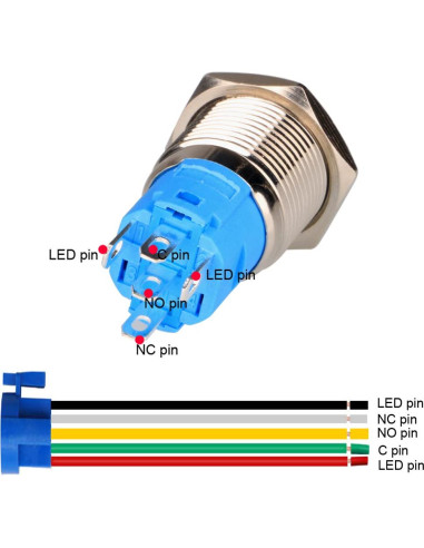 Interruptor de Botón de Presión Acero Inoxidable 16mm 12V-24V LED Rojo