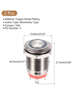 Interruptor de Botón Momentáneo uxcell 12mm 1NO LED Rojo 2pcs 2