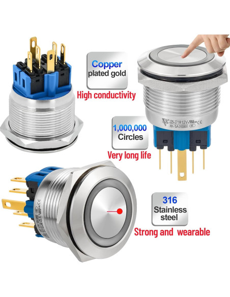 Interruptor Momentáneo 25mm Acero Inoxidable 304 LED 12V