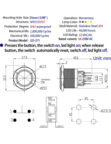 Interruptor Momentáneo 25mm Acero Inoxidable 304 LED 12V