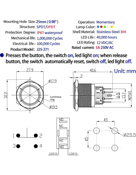 Interruptor Momentáneo 25mm Acero Inoxidable 304 LED 12V