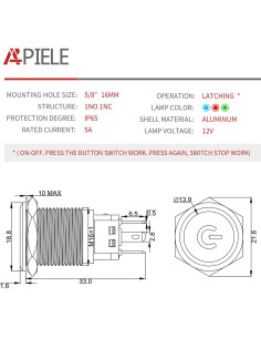 Interruptor de Botón de Presión APIELE 16mm 12V LED Verde/Negro 2