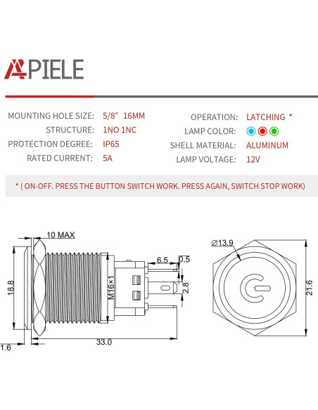Interruptor de Botón de Presión APIELE 16mm 12V LED Verde/Negro