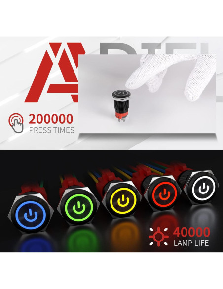 Interruptor de Botón de Presión APIELE 16mm 12V LED Verde/Negro