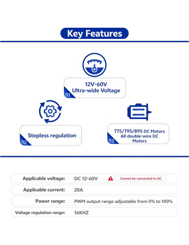 Controlador de Velocidad PWM Matell DC 12-60V 20A Adelante/Reversa